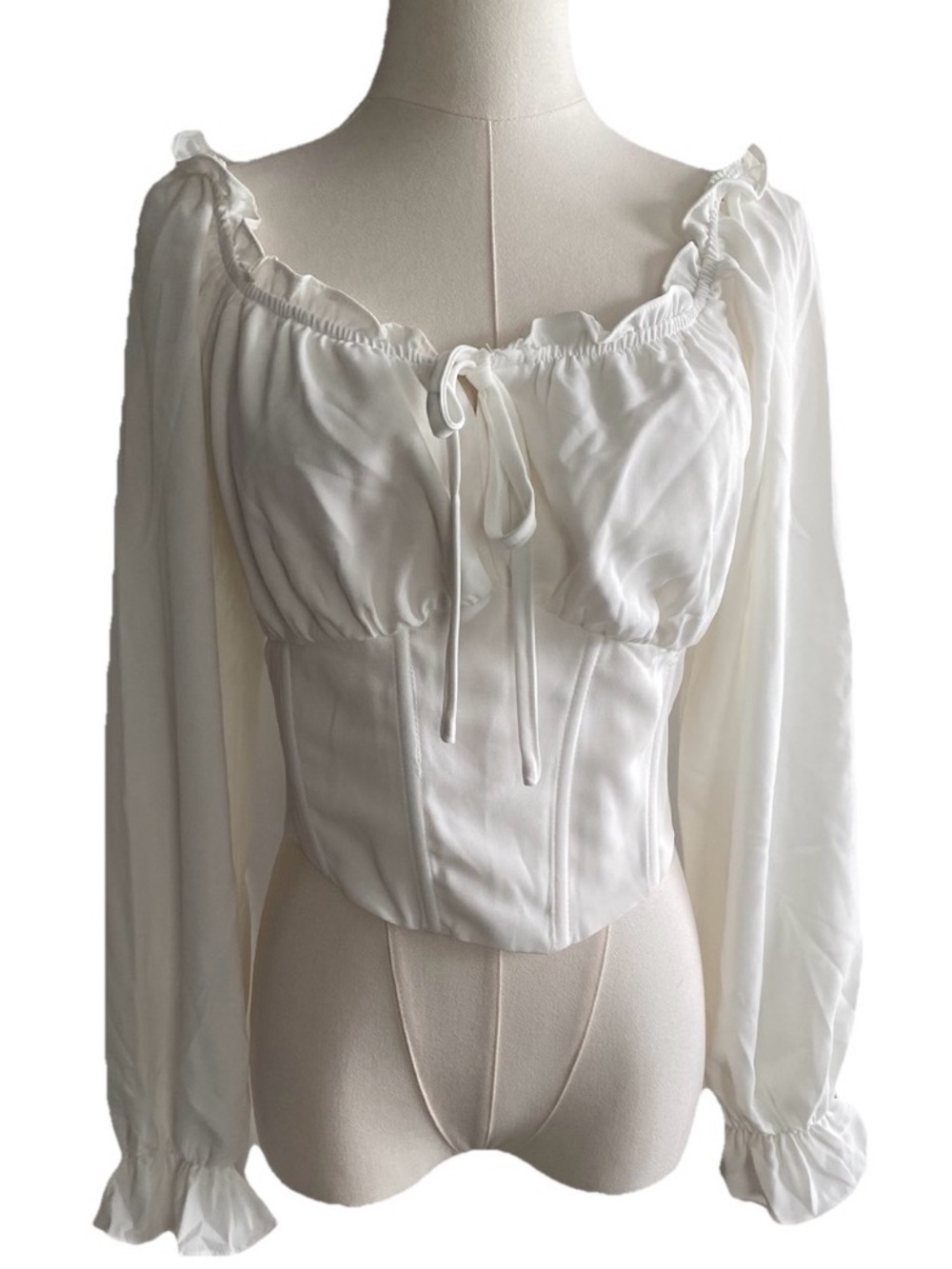 White Corset Crop Top Medium Long Sleeve Cottagecore Victorian Milkmaid Festival